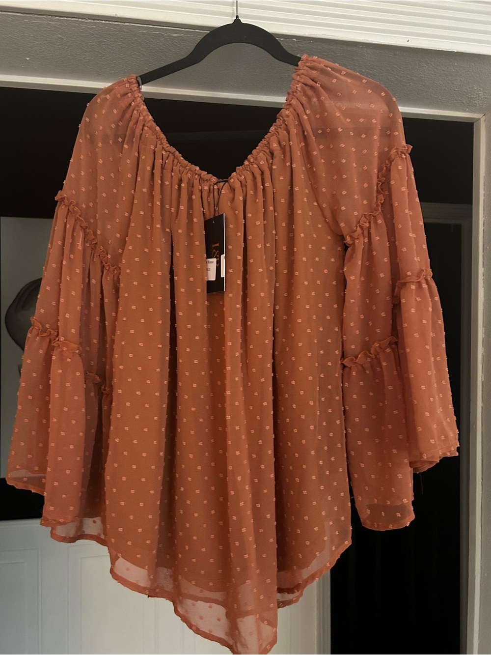 L&B Rust Swiss-Dot Peasant Top with Tiered Ruffle Sleeves